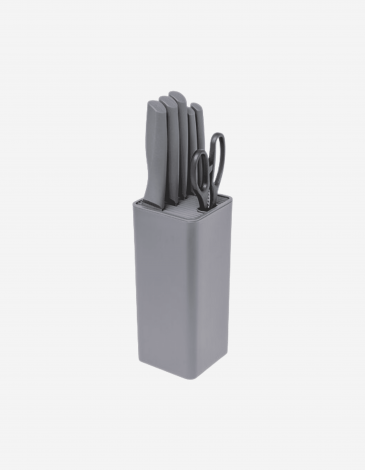 BLOQUE DE 5 CUCHILLOS Y TIJERA GRIS
