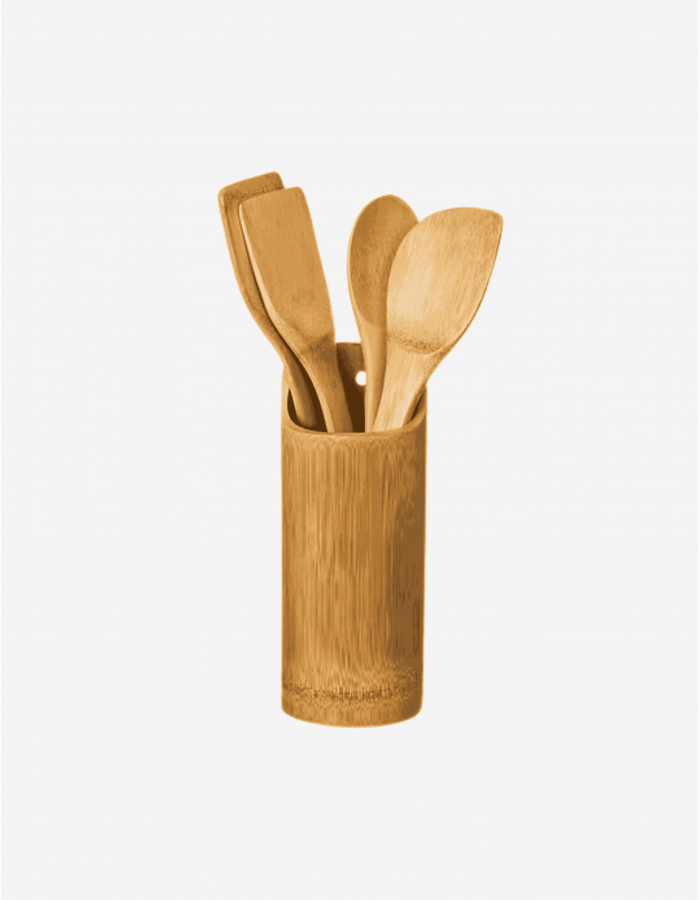 JUEGO 4 UTENSILIOS BAMBÚ CON RECIPIENTE