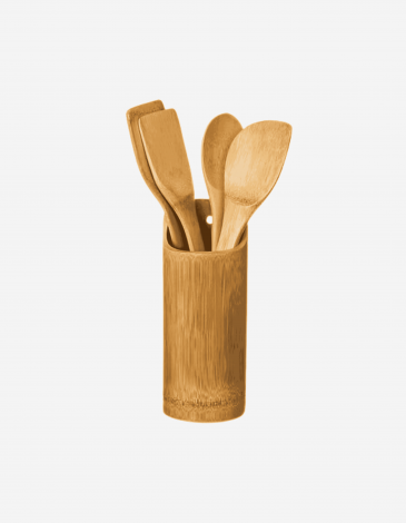 JUEGO 4 UTENSILIOS BAMBÚ CON RECIPIENTE