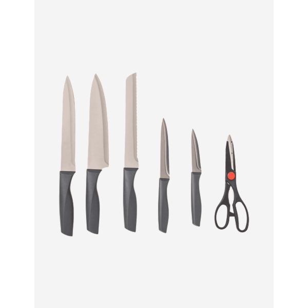 BLOQUE DE 5 CUCHILLOS Y TIJERA GRIS