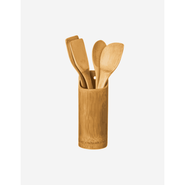 JUEGO 4 UTENSILIOS BAMBÚ CON RECIPIENTE