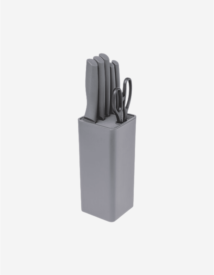 BLOQUE DE 5 CUCHILLOS Y TIJERA GRIS