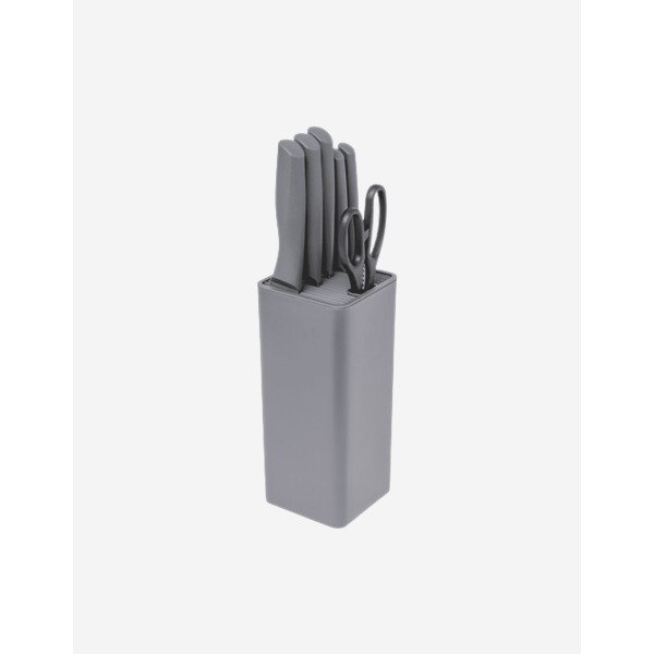 BLOQUE DE 5 CUCHILLOS Y TIJERA GRIS