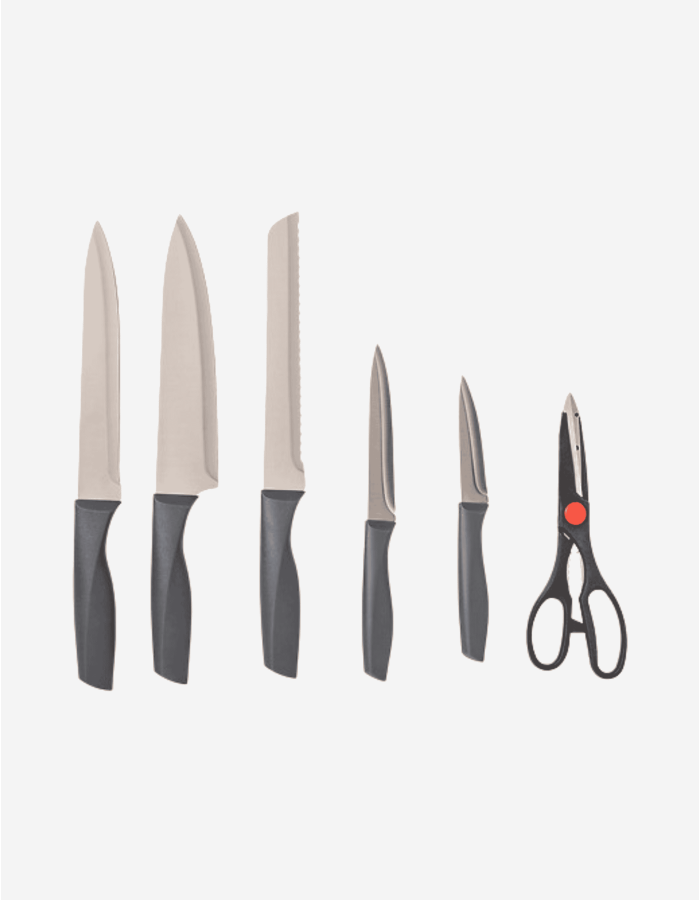 BLOQUE DE 5 CUCHILLOS Y TIJERA GRIS