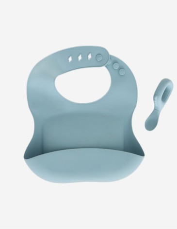SET DE BABERO Y CUCHARA YUM SILICONA AZUL 