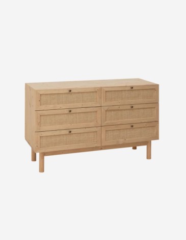 CÓMODA DE MADERA MACIZA Y RAFIA 6 CAJONES EN TONO 