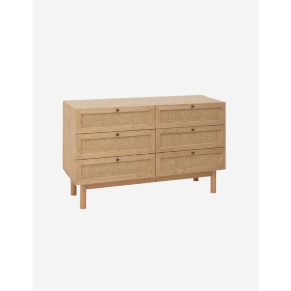 CÓMODA DE MADERA MACIZA Y RAFIA 6 CAJONES EN TONO 